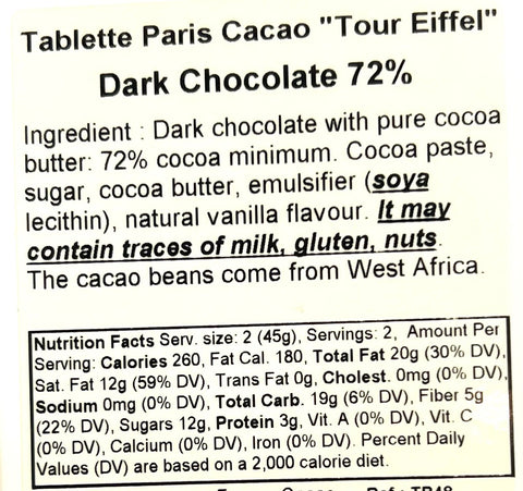 Comptoir du Cacao 72% dark chocolate bar, Tour Eiffel, car