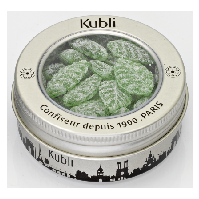 Kubli Verbena hard candies, leaf-shaped, Paris tin